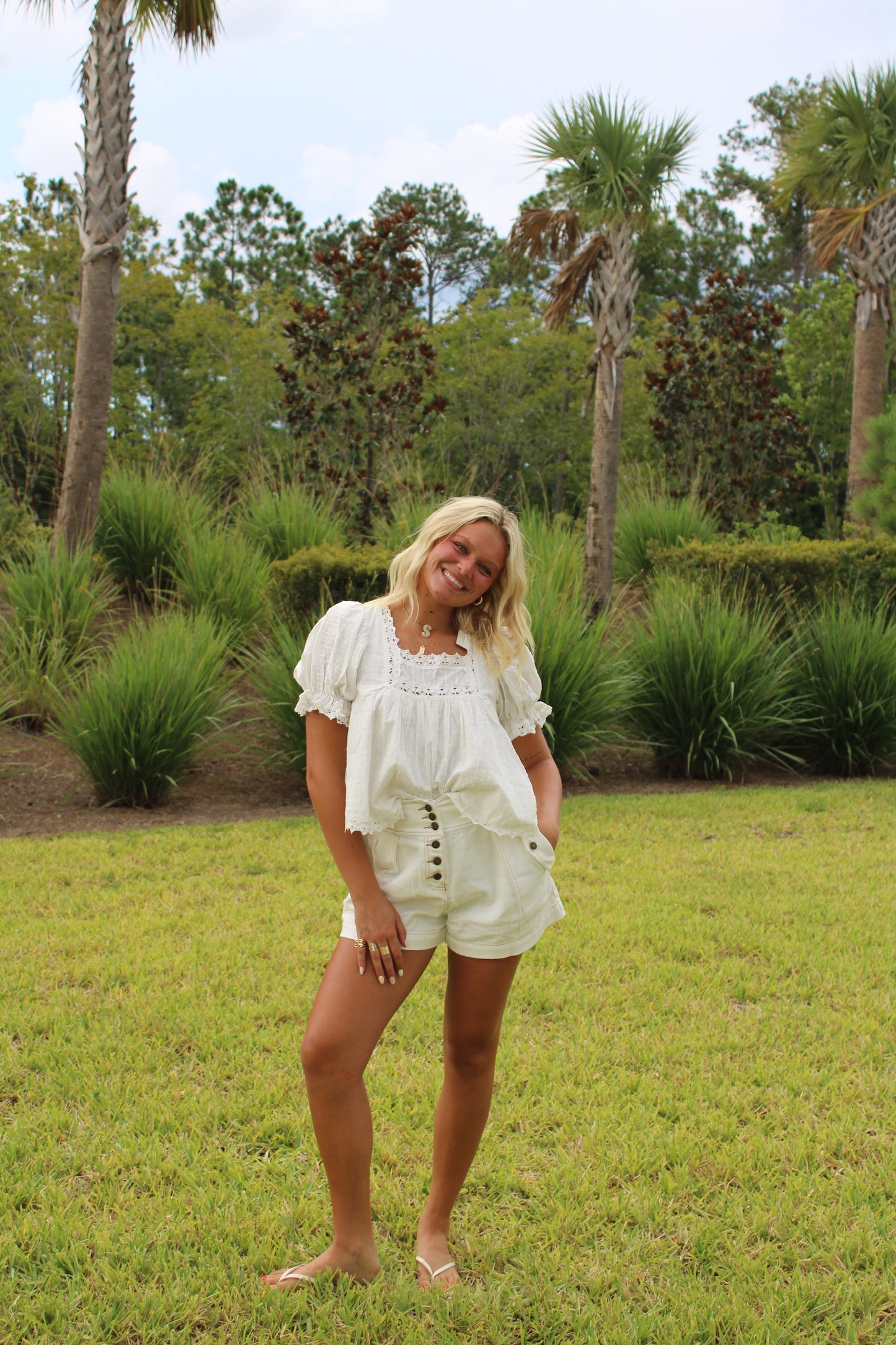 Eyelet Swing Puff Sleeve